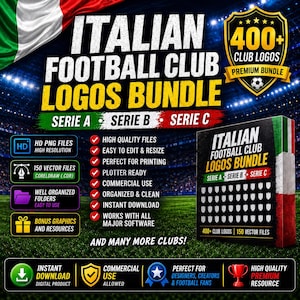 以下が含まれることがあります： セリエA、B、Cのイタリアのサッカークラブのロゴを400種類以上収録したデジタルバンドル。高解像度のPNGおよびベクターファイル、整理されたフォルダー、ボーナスリソースが含まれており、スタジアムの背景画像とともに表示されています。