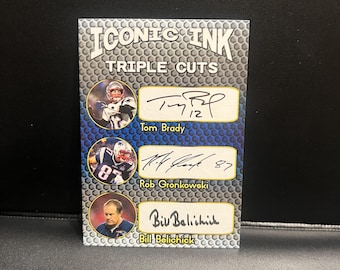 Tom Brady Rob Gronkowski Bill Belichick Iconic Ink Triple Cuts Facsimile Auto