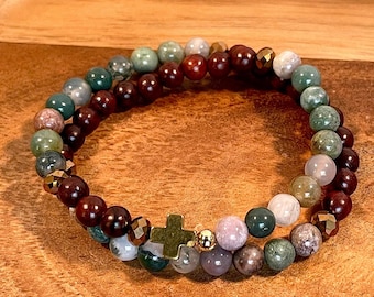 Agate Rosary Bracelet: Rosewood, Crystal, Gold Cross