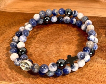 Sodalite Rosary Bracelet: Hematite Cross, Miraculous Medal