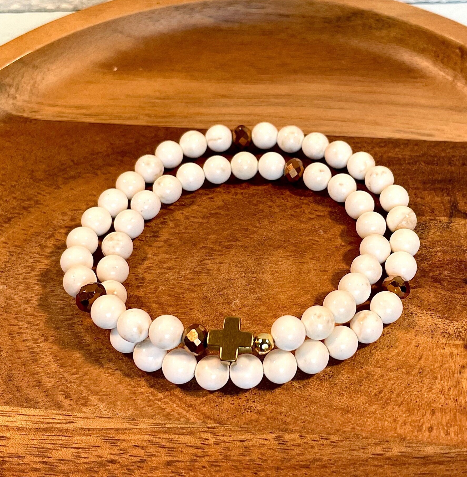 Ivory Magnesite Rosary Bracelet: Gold Cross, Catholic Prayer Beads