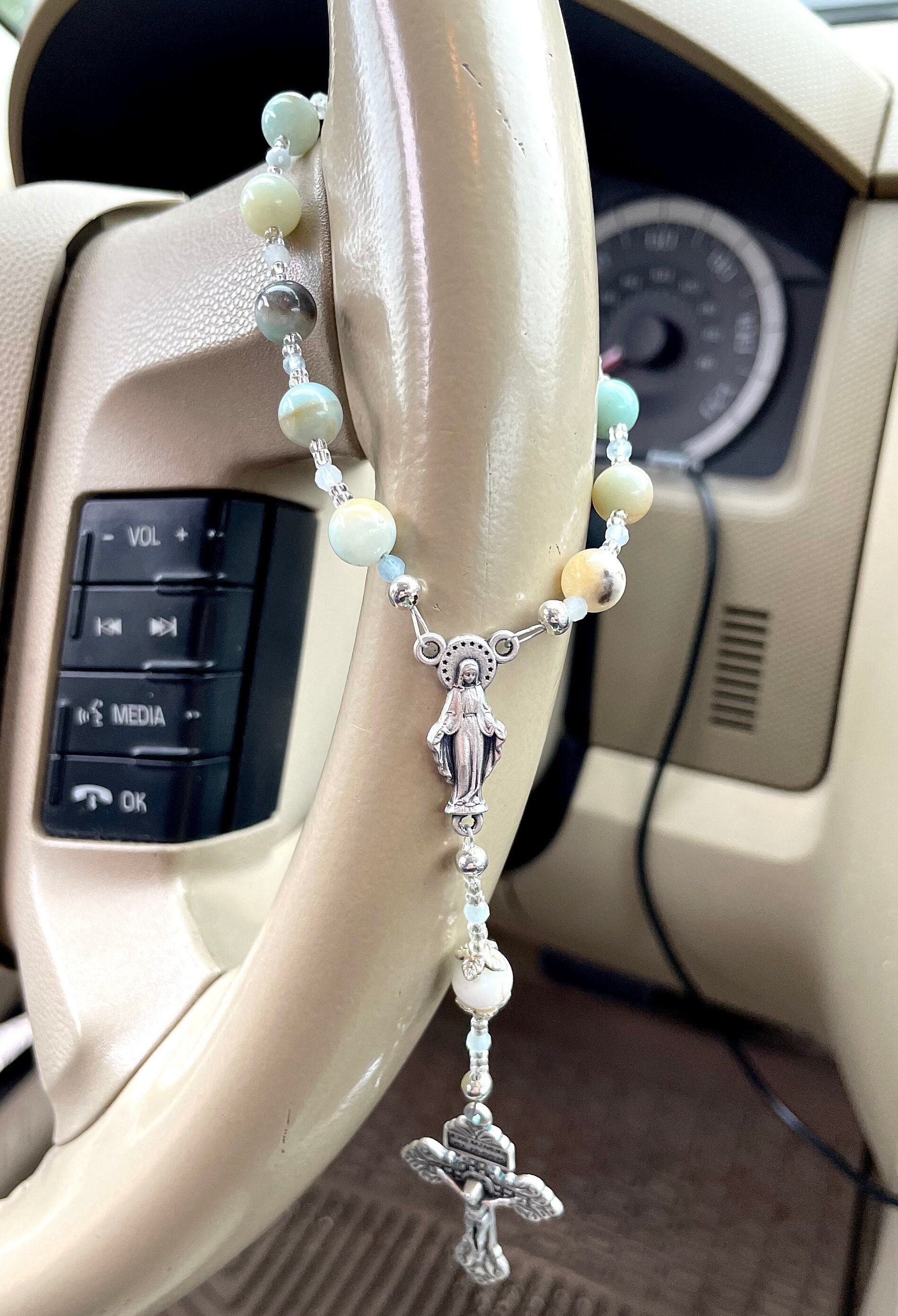 Car rosary, catholic prayer beads, mini rosary beads, pink car rosary, rear  view mirror rosary, religious gift for women, godmother gift