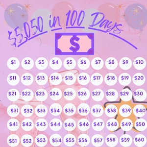 May include: A pink and purple chart with a graphic of a dollar bill and the text "$5,050 in 100 Days". The chart is divided into 100 circles, each containing a dollar amount from $1 to $100.