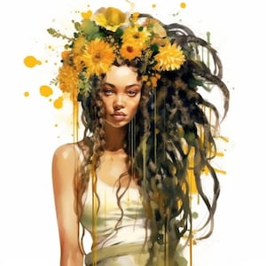 Digital Art Print, AI Generated, Wall Art , AI Art, Digital Download, Home Decor, Printable - Black Woman Sunflowers- Free Commercial Use
