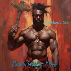 May include: A muscular, shirtless man with dreadlocks holds a large, dark axe. He is wearing a red and black kilt and a necklace with a pendant. The background is a red and orange gradient.