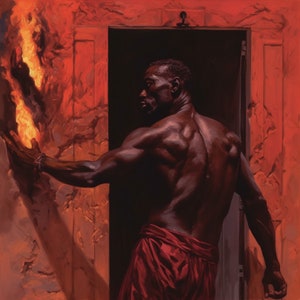 May include: A muscular man with dark skin stands in a doorway, his back to the viewer. He is reaching out with his right hand towards a wall of fire. The background is a red brick wall.