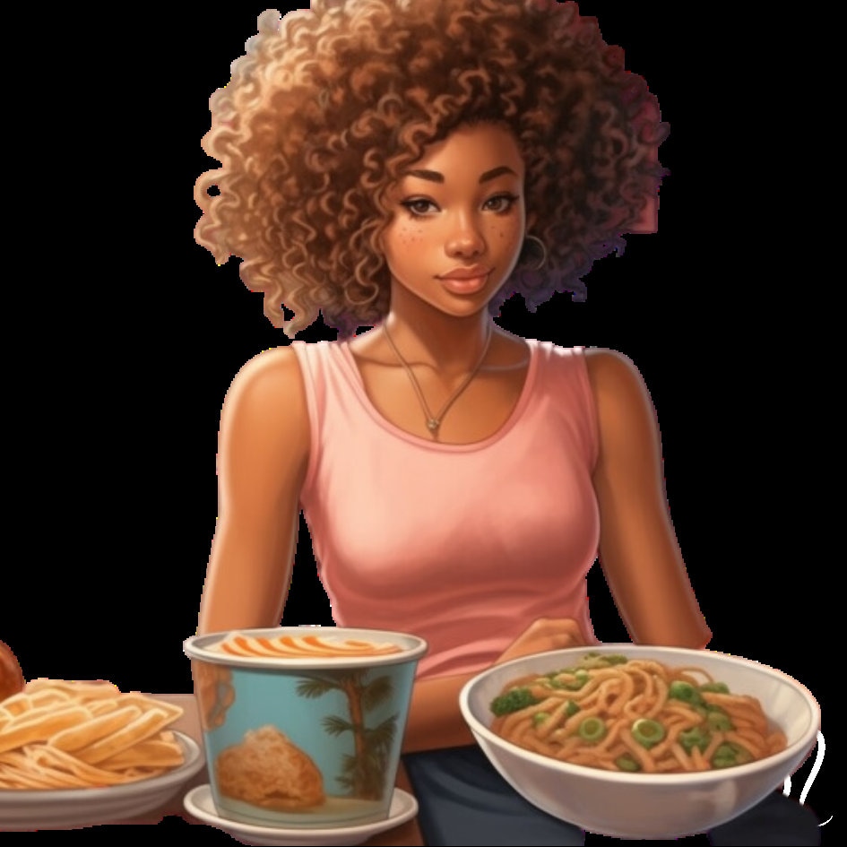 Ramen Lunch 12 Clipart, Black Girl, African American Clipart, Food Clipart PNG, Cartoon Clipart