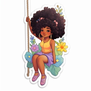 Adesivos digitais Boho - menina negra balançando, conjunto de adesivos estilo flores afro-americano | Transparente| e download não transparente | png