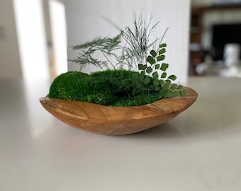 The FOREST Bowl.  Moss Centerpiece.  Moss Bowl.  Teak wood bowl.