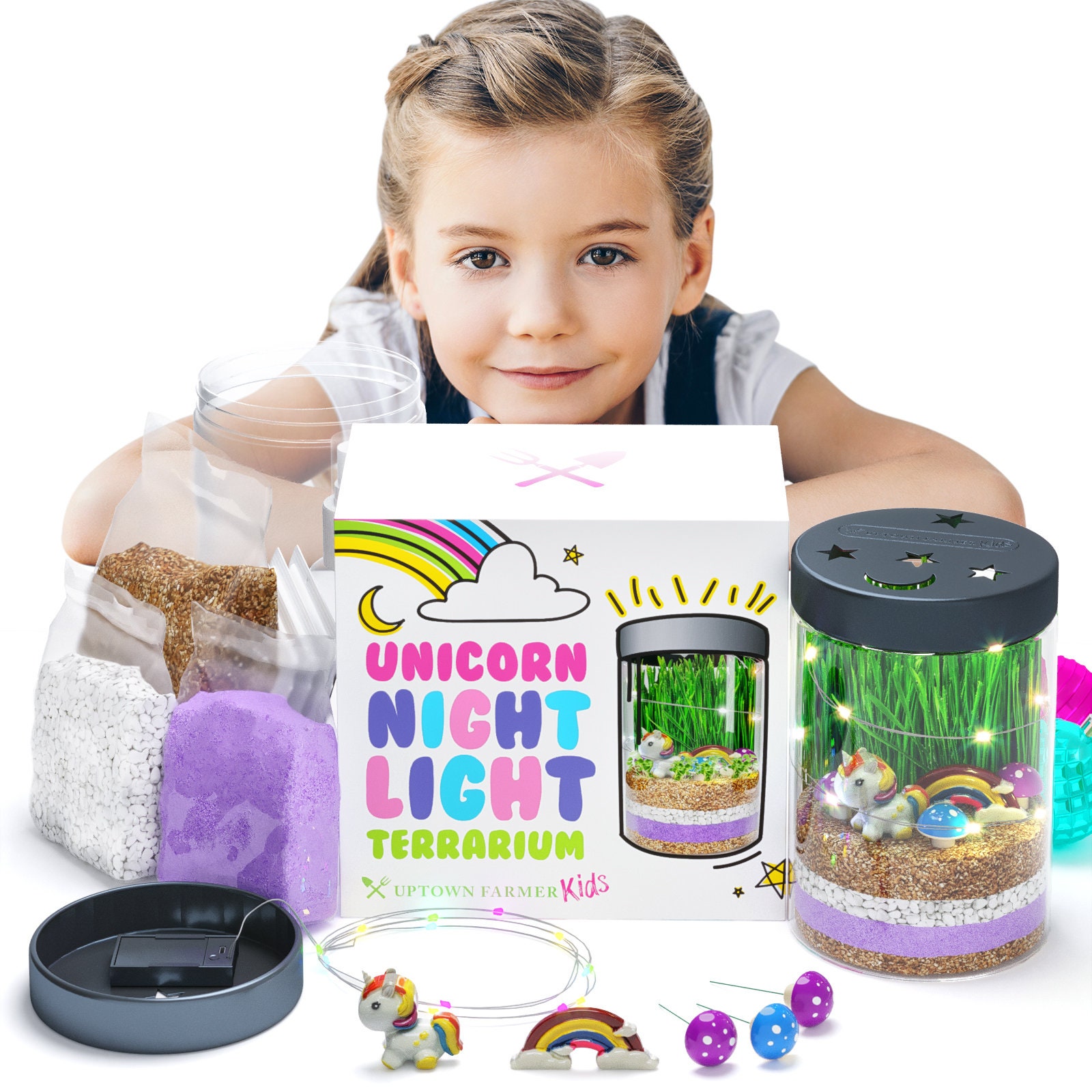 Uptown Farmer Kids Unicorn Terrarium Kit for Kids W Fairy Lights - Unicorn Terrarium Kit for Girls - Light Up Terrarium Kit for Kids - Unicorn Room