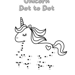 May include: A black and white line art drawing of a unicorn with a heart on its tail. The image is a connect-the-dots activity with numbers 1 through 32.