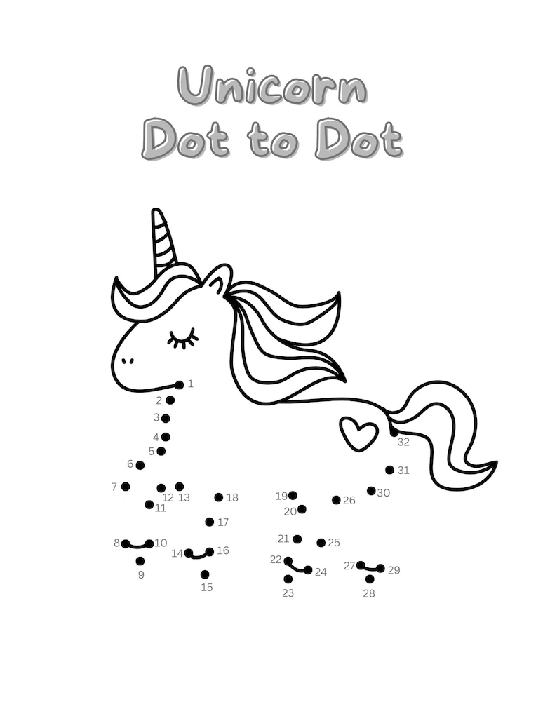 May include: A black and white line art drawing of a unicorn with a heart on its tail. The image is a connect-the-dots activity with numbers 1 through 32.