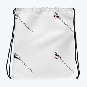 Peut inclure: Sac à cordon blanc avec un logo noir et rouge qui dit "WikiBusiness" répété quatre fois.