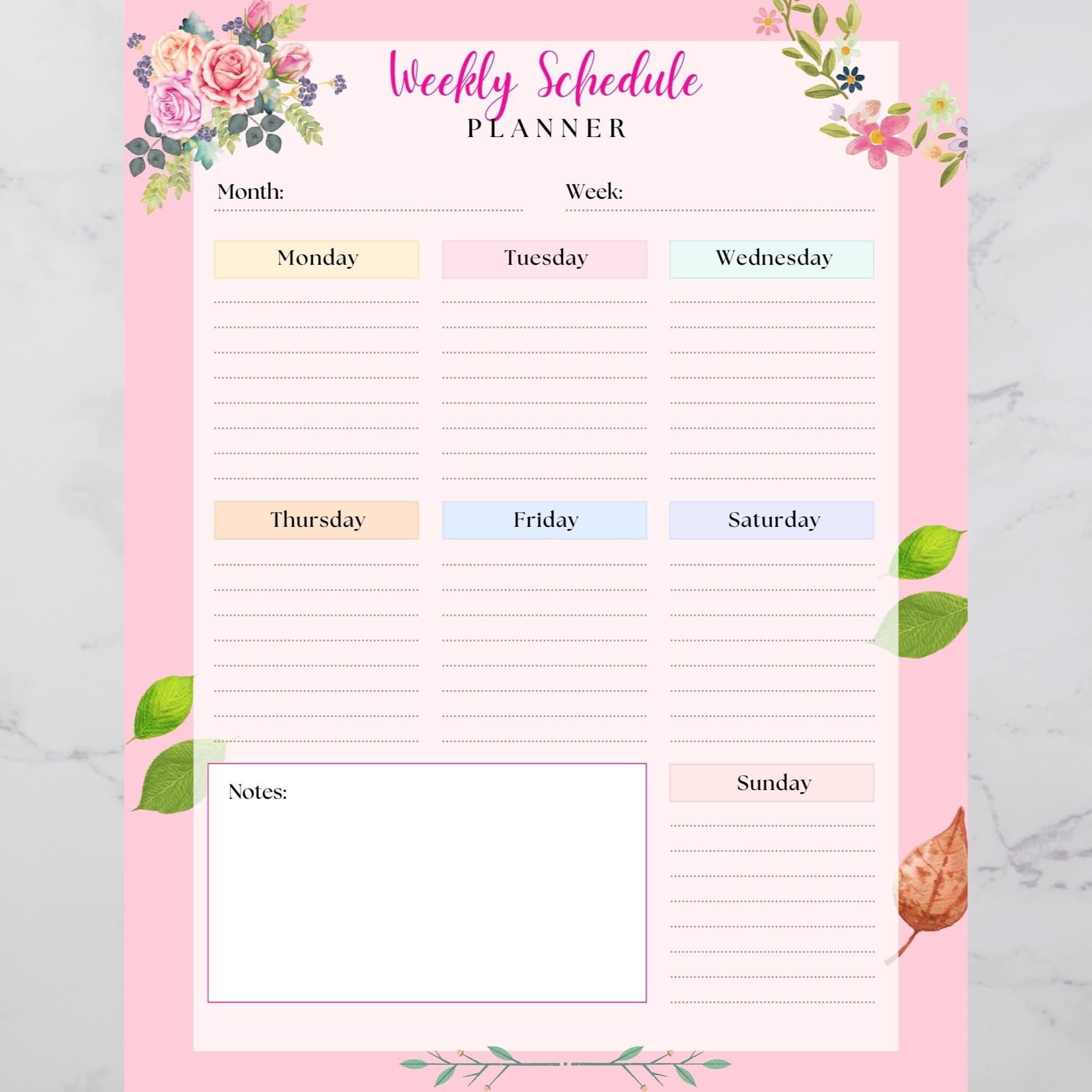Printable Floral Weekly Schedule Planner to Do List, Instant Digital ...