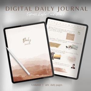 Peut inclure: Deux tablettes numériques affichant un journal quotidien numérique. L'une montre une couverture avec le texte "Daily Journal" et un motif aquarelle. L'autre montre des pages de journal avec des notes manuscrites et des images. Le texte "DIGITAL DAILY JOURNAL" est en haut.