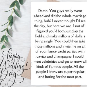The "Money Over Marriage" Wedding Card, funny wedding card, bride to be, just married, Long Dumb Cards, Instant download PDF 5x7