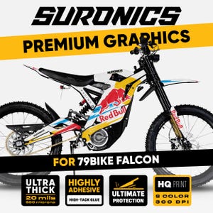 May include: A SurRon electric dirt bike with a white, yellow, red, and blue graphic design. The bike features Red Bull branding and the text "PREMIUM GRAPHICS" and "FOR 79BIKE FALCON". The image also highlights the product's ultra-thick, highly adhesive, and ultimate protection features.