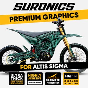 Può includere: Una moto elettrica con grafica turchese e nera. La moto presenta il testo "SURONICS" e "PREMIUM GRAPHICS". Il design include il testo "Red Bull" e "FOR ALTIS SIGMA". L'immagine evidenzia anche "ULTRA THICK", "HIGHLY ADHESIVE", "ULTIMATE PROTECTION" e "HQ PRINT".