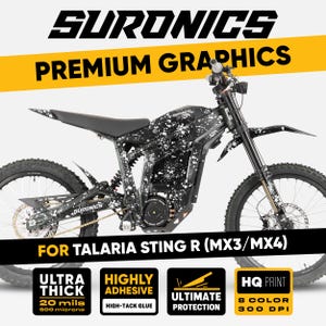 May include: An electric motorcycle with a black and white splatter design. The image features the text "SURONICS PREMIUM GRAPHICS" and "FOR TALARIA STING R (MX3/MX4)". Additional text highlights features like "ULTRA THICK 0.5 mm", "HIGHLY ADHESIVE", "ULTIMATE PROTECTION", and "HQ PRINT 8 COLOR 300 DPI".
