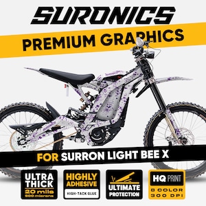 May include: A white and purple splattered Surron Light Bee X electric dirt bike. The image features the text "SURONICS PREMIUM GRAPHICS" and details about the product's thickness, adhesive, and print quality.