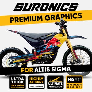 Può includere: Una moto da cross elettrica SurRon con una grafica personalizzata. La grafica presenta un logo Red Bull, accenti gialli e blu e il testo "Premium Graphics" e "For Altis Sigma". La grafica è descritta come ultra spessa, altamente adesiva e con protezione definitiva.