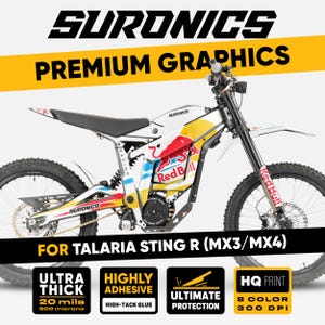 May include: A white, yellow, red, and blue SurRon electric dirt bike with graphics. The graphics feature the Red Bull logo and the text "SURONICS PREMIUM GRAPHICS". The image also includes text that says "FOR TALARIA STING R (MX3/MX4)".