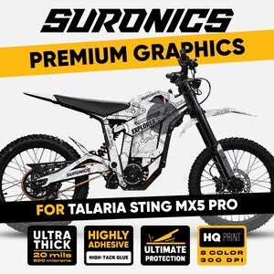 Op de afbeelding: Wit en grijs grafisch pakket voor een elektrische motorfiets Talaria Sting MX5 Pro. De kit heeft een topografisch kaartontwerp met het woord "EXPLORER". De afbeelding bevat ook het Suronics-logo en de tekst "ULTRA THICK", "HIGHLY ADHESIVE" en "ULTIMATE PROTECTION".