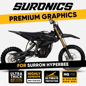May include: Black and gray Surron Hyperbee electric dirt bike with premium graphics. The bike features a Red Bull logo and text that reads "ULTRA THICK", "HIGHLY ADHESIVE", and "ULTIMATE PROTECTION". The image also states "HQ PRINT" with 8 color and 300 DPI.