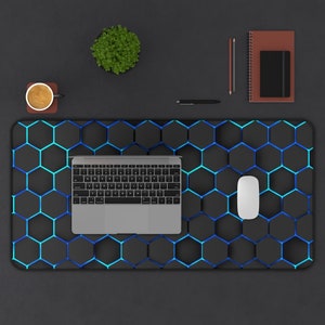 Blue Glowing honeycombs, Desk Mat