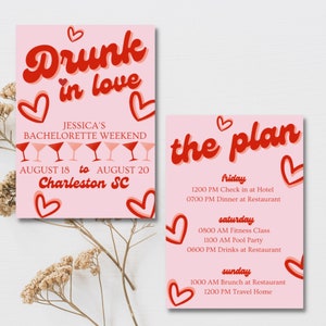 Dronken van liefde | Rood en roze | Sjabloon vrijgezellenfeest thema-uitnodiging/e-mail en reisplan, vrijgezellenweekend, instant download