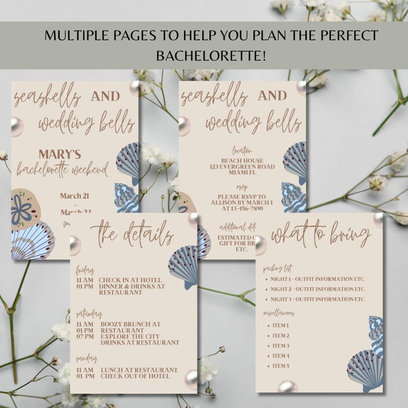 Seashell and Wedding Bells Bachelorette Itinerary Template: Beach Last Seashell and Wedding Bells Bachelorette Itinerary Template: Beach Last