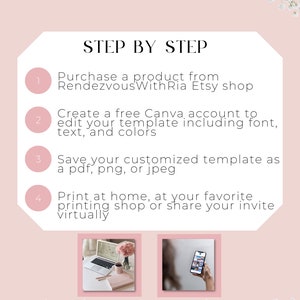 Op de afbeelding: Een roze en witte afbeelding met de tekst "Rendezvous With Ria" en een vierstappenplan om een ​​printbare uitnodiging te maken met behulp van een Canva-sjabloon dat is gekocht in de Etsy-winkel Rendezvous With Ria.