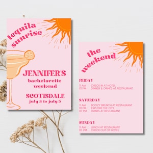 Op de afbeelding: Roze en oranje printbare vrijgezellenfeestuitnodiging met een margarita-glas en een zonafbeelding. De tekst luidt "Tequila Sunrise, Jennifer's vrijgezellenfeest, Scottsdale, 3 juli tot en met 5 juli". De tweede pagina van de uitnodiging heeft een roze en oranje zonafbeelding en de tekst "Het weekend". De tekst bevat ook een schema met evenementen voor vrijdag, zaterdag en zondag.