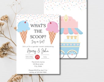 May include: Gender reveal invitations with ice cream cone graphics. The text reads "What's the Scoop? Boy or Girl?" with the names Avery & John. The design includes a pink and blue ice cream cart and confetti.