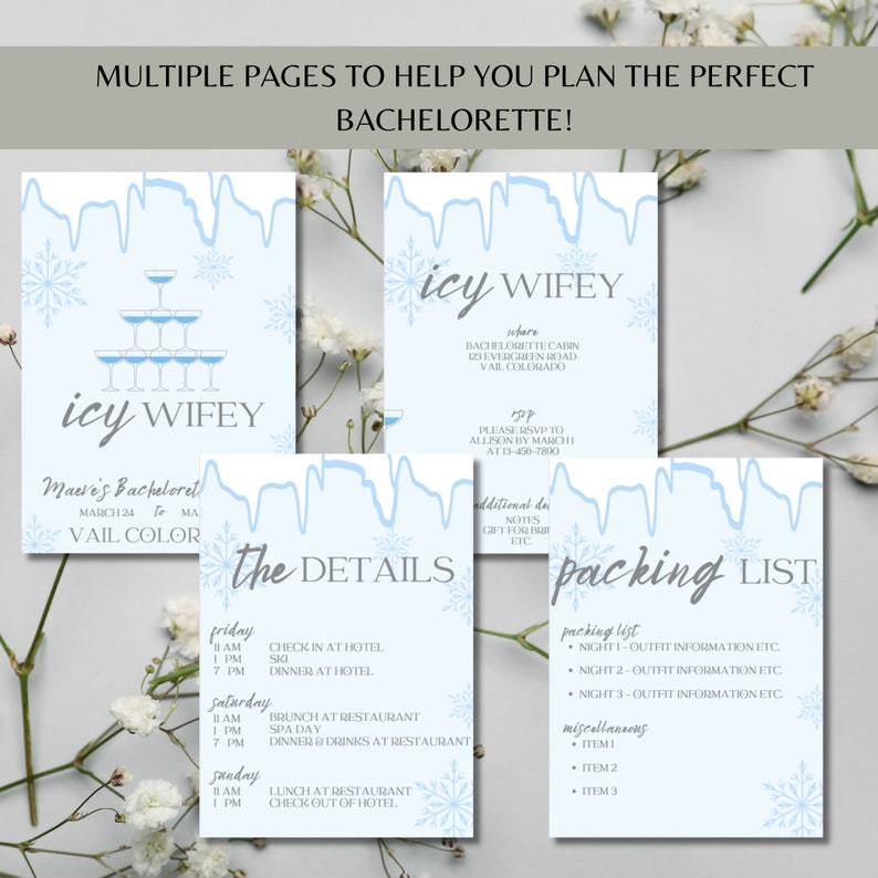 Op de afbeelding: Vier afdrukbare pagina's voor een winterthema vrijgezellenfeest. De eerste pagina is een blauwe en witte uitnodiging met de tekst "icy wifey" en details over het evenement. De tweede pagina is een blauwe en witte checklist met de tekst "the details" en een lijst met activiteiten voor het weekend. De derde pagina is een blauwe en witte checklist met de tekst "packing list" en een lijst met items om in te pakken. De vierde pagina is een blauwe en witte checklist met de tekst "miscellaneous" en een lijst met items om mee te nemen.
