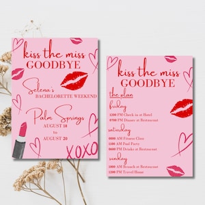 Kiss the Miss Goodbye | Goodbye Miss, Hello Mrs. Zaproszenie/e-mail na wieczór panieński i szablon planu podróży, weekend panieński, natychmiastowe pobranie