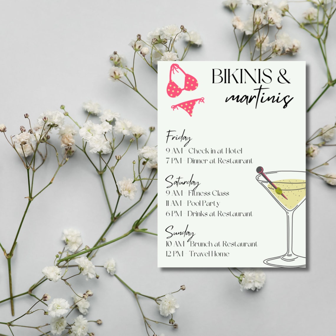 Bikinis and Martinis Themed Bachelorette Invitation/email & Itinerary