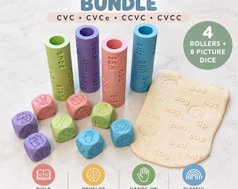 May include: A complete phonics bundle featuring four cylindrical rollers and eight picture dice in pastel colours, alongside a beige rectangular mat. The items are embossed with words and icons for CVC, CVCe, CCVC, and CVCC learning activities.