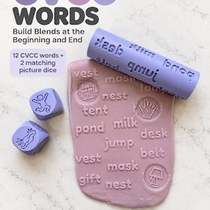 May include: A light purple rolling pin and two dice with embossed CVCC words and icons, used to imprint text into a flat piece of mauve modelling clay. The clay shows words like vest, mask, nest, tent, milk, jump, desk, belt, and gift.