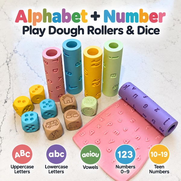 Alphabet & Number Play Dough Rollers | Uppercase, Lowercase, Vowels, Numbers | Montessori Preschool Learning | Homeschool Literacy Activity