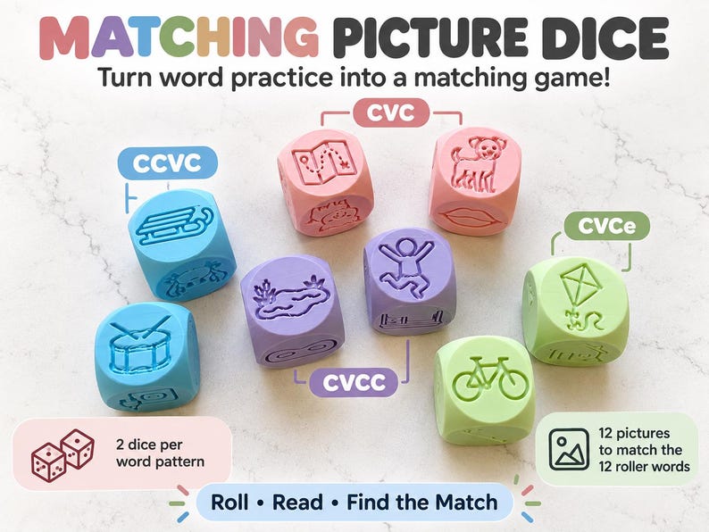 May include: A set of seven colourful educational dice in blue, pink, purple, and light green. Each die features engraved illustrations of objects like a sled, map, dog, lips, pond, person jumping, kite, drum, and bicycle, labelled with CVC, CCVC, CVCC, and CVCe text.