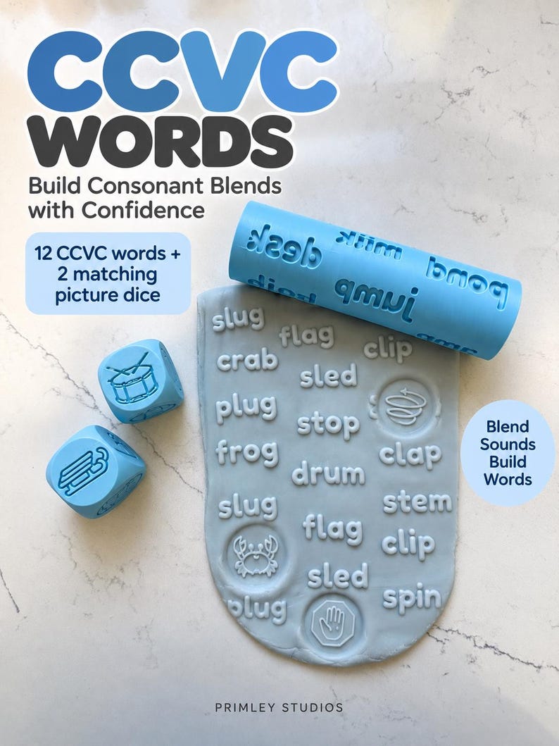 May include: A light blue rolling pin with embossed CCVC words, two matching light blue dice with icons, and a grey clay slab imprinted with words like slug, crab, plug, frog, flag, sled, stop, drum, clap, stem, clip, and spin.