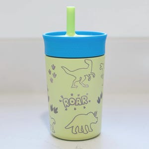 May include: A light green tumbler with a blue lid and a light green straw. The tumbler features dark gray line art illustrations of various dinosaurs, dinosaur footprints, and the word ROAR printed in a stylized font on the front surface.