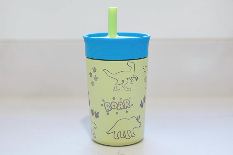 May include: A light green tumbler with a blue lid and a light green straw. The tumbler features dark gray line art illustrations of various dinosaurs, dinosaur footprints, and the word ROAR printed in a stylized font on the front surface.