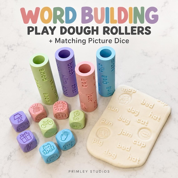 Word Building Play Dough Rollers & Matching Picture Dice | CVC, CVCe, CVCC, CCVC Words | Montessori Phonics Activity | Preschool Reading Toy