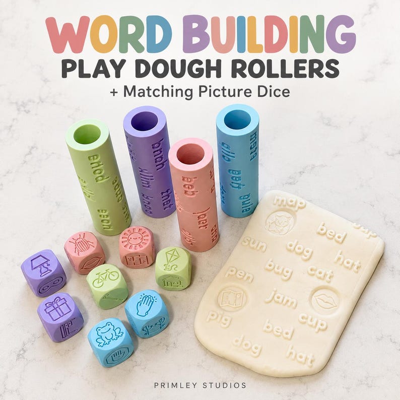 May include: A set of four pastel-coloured cylindrical play dough rollers with embossed words, eight matching small square dice with engraved icons, and a rectangular play dough mat featuring embossed words and icons. Text reads: WORD BUILDING PLAY DOUGH ROLLERS + Matching Picture Dice.