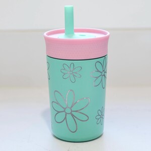 May include: A mint green tumbler featuring a repeating pattern of silver-colored flower outlines. The cup includes a light pink lid with a textured band and a matching mint green straw protruding from the center of the lid top.