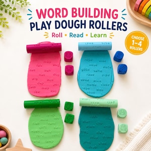 May include: Four cylindrical play dough rollers in pink, blue, light green, and teal, each embossed with words. The text reads WORD BUILDING PLAY DOUGH ROLLERS Roll Read Learn. Includes matching small cubes with icons and words imprinted in dough.