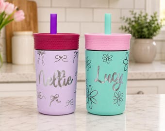 Personalized Owala Kids Tumbler | Custom Name Engraved Water Bottle | Coquette Bow Design | Flower Design | Gift for Girls | Toddler Gift