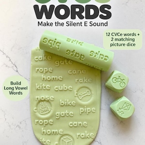May include: A light green rolling pin with embossed text, a flat piece of light green dough imprinted with words like cake, gate, rope, and home, and two light green dice featuring bicycle and kite icons. Text includes CVCe WORDS.